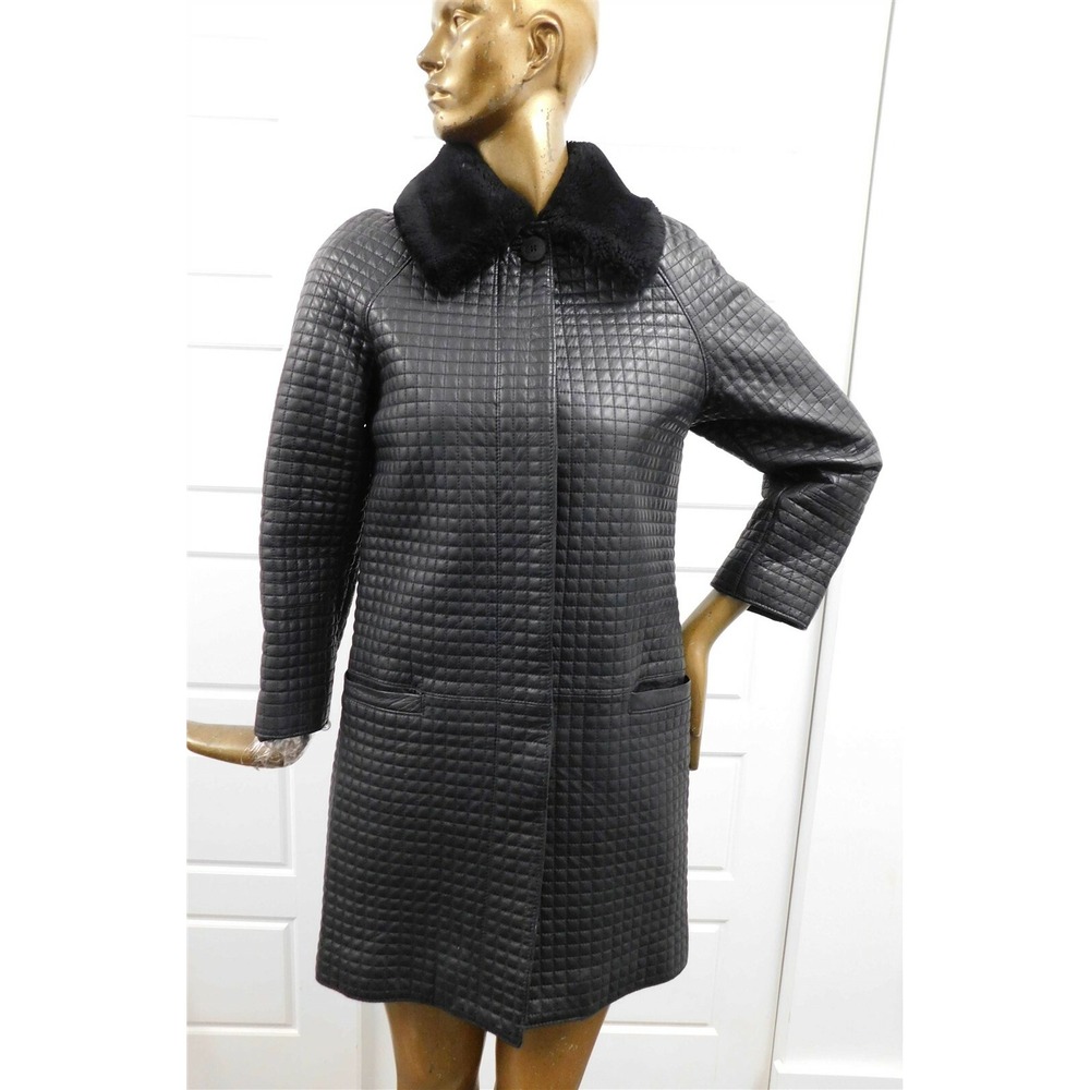 Istante by Versace Black‎ Quilted Leather Faux Fur Collar Coat sz 4